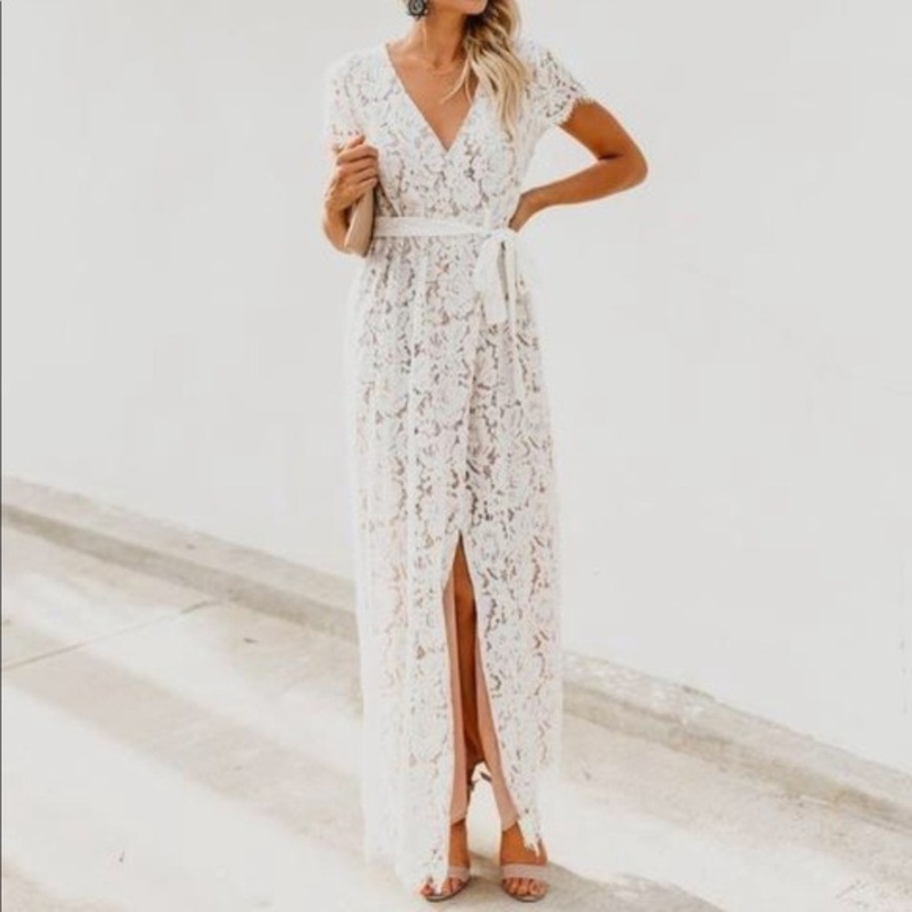 Calla Lace Short Sleeve Bardot Wrap Maxi Dress
